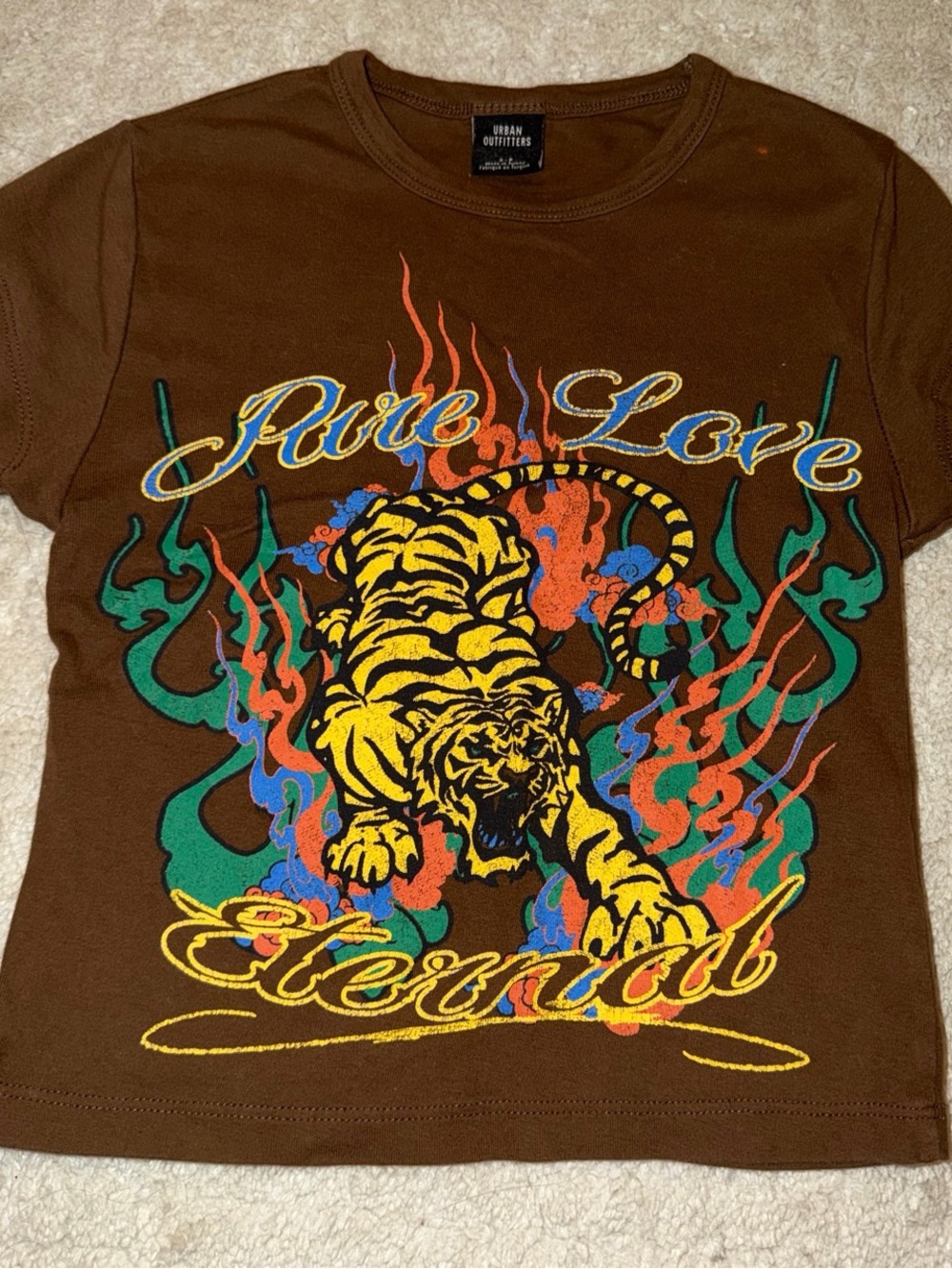 Urban Outfitters Brown Graphic Crewneck Tee with Flame Accent